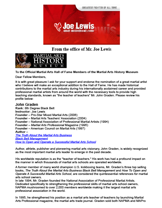 Joe Lewis nominates John Graden for the Martial Arts Hall of Fame
